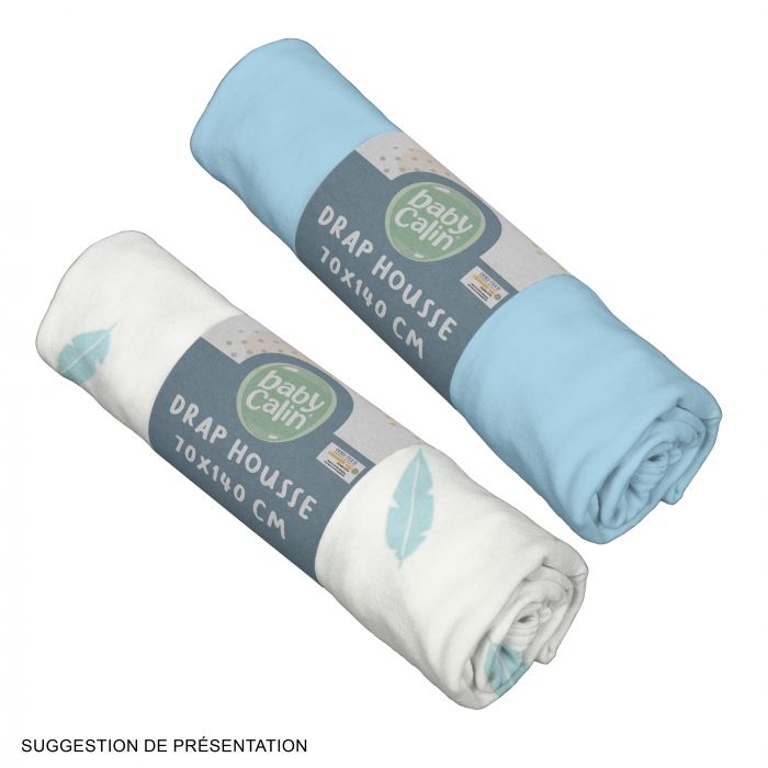 Babycalin Set of 2 fitted cot bed sheets 70 x 140cm - Blue & Blue Feathers - Image 2