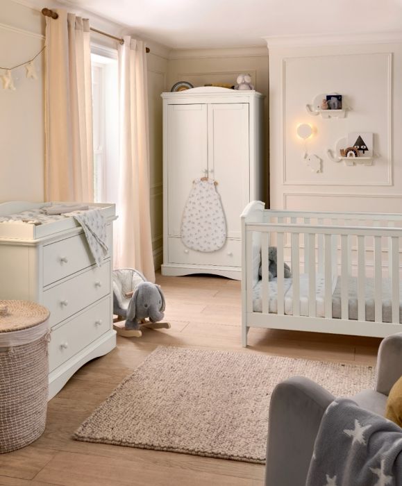 Mamas & Papas Flyn 3 Piece White Cotbed Range with Dresser Changer & Wardrobe